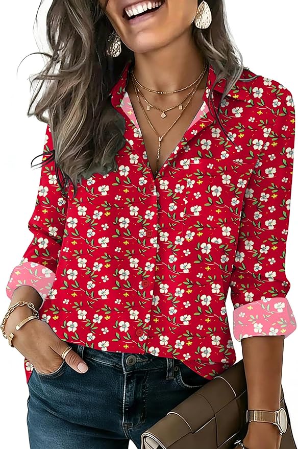 HOTOUCH Button Down Shirts for Women Long Sleeve Blouse Dressy Casual Business Work Tops with Pocket