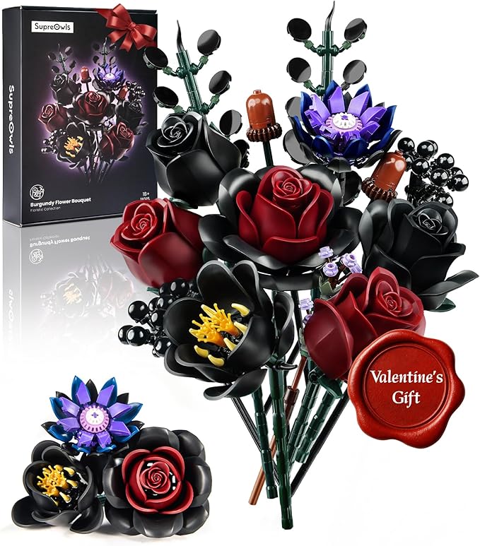 iATOM Black Burgundy Red Rose Bouquet Building Set, 12Pcs Flowers Botanical Collection Kit for Adult Women,Valentine's Day Gift for Her/Mom/Girlfriend/Wife/Couple, Gothic Home Table Centerpieces Decor