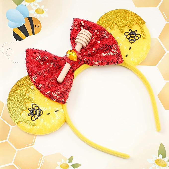 zhezesmila Mouse Ears Headbands 2 Sets Honey Bee Sequin Minn Ears Scrunchies Yellow Bear Ears Hair Accessories for Women Carnival Birthday Party