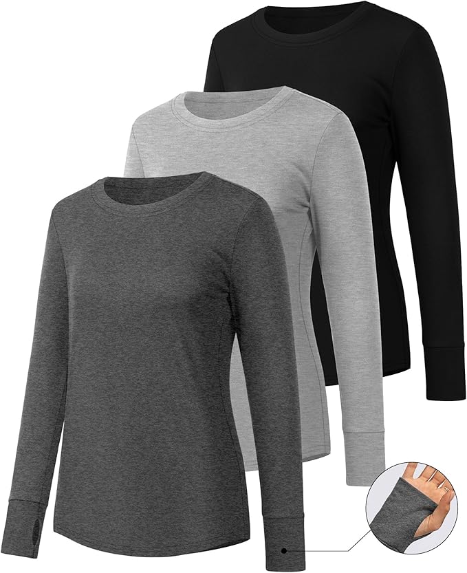 Huukeay 3 Pack Women's Long Sleeve Shirts with Thumb Holes, Cotton Casual Crew Neck Tunic Tops Fall Loose Y2k Trendy Outfits
