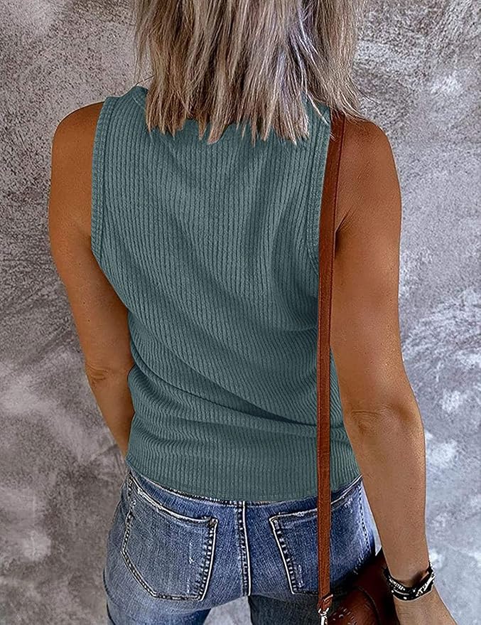 MEROKEETY Women's 2026 Summer Sleeveless Tank Tops V Neck Ribbed Dressy Casual Henley Shirts Button Loose Cami Tees