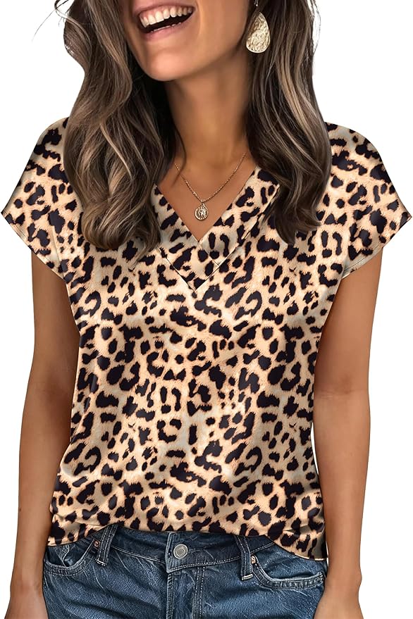 Zeagoo Women Silk Satin Tops Cap Short Sleeve Blouse V Neck Shirts Business Casual Outfits S-2XL