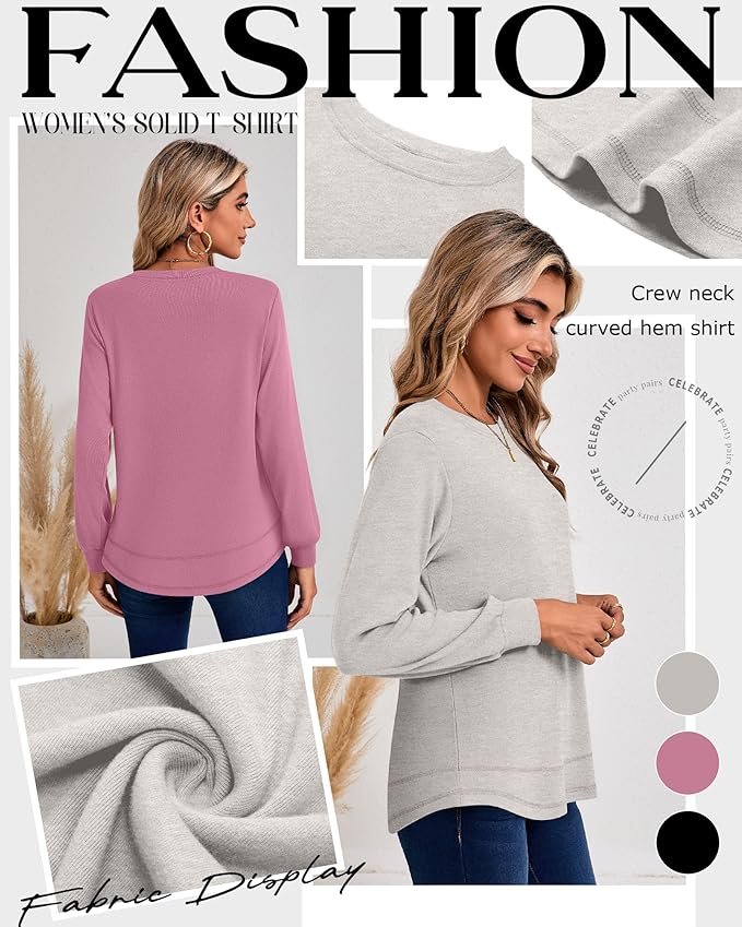 Ficerd 3 Pack Women's Long Sleeve Shirts, Cotton Crew Neck Tunic Tops Casual Loose Fit Pullover Sweatshirts Curved Hem Shirts