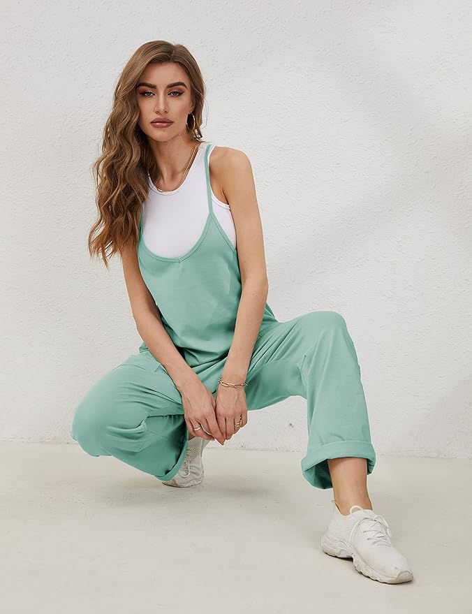 Lentta Women's Causal Jumpsuits V Neck Sleeveless Harem Overalls Stretchy Adjustable Strap Romper with Pockets