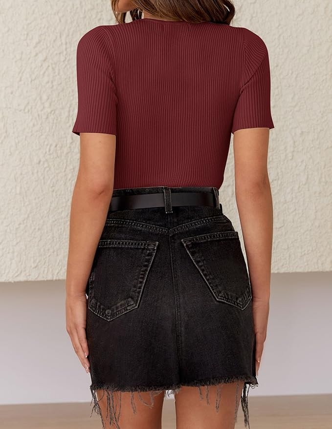 ZESICA Women's Short Sleeve Sweater Tops 2026 Summer Crewneck T Shirt Ribbed Knit Slim Fit Basic Solid Color Tee
