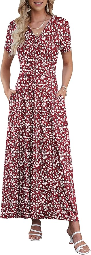 AUSELILY Maxi Dresses for Women Ankle Length Floral Print Beach Long Flowy Dress with Pockets