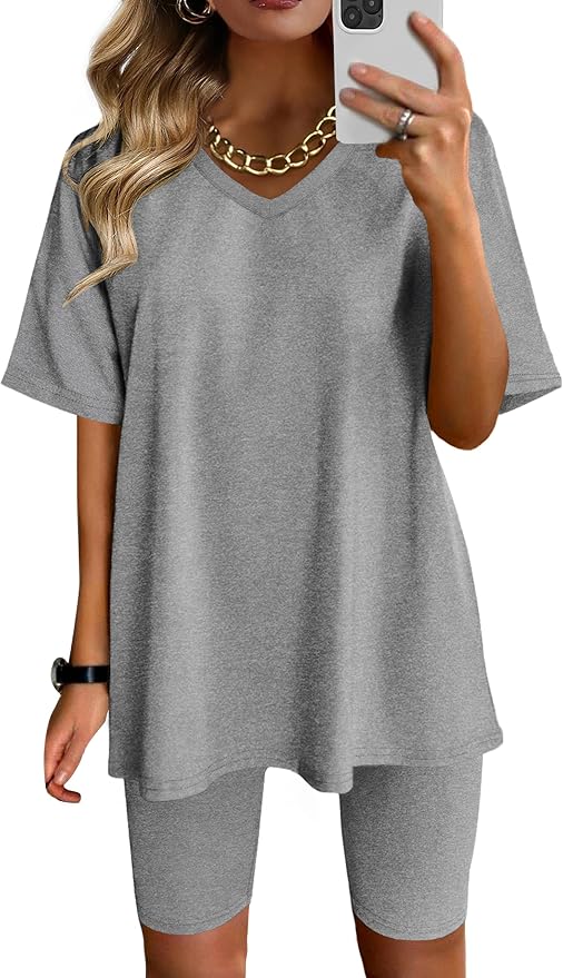 AGSEEM Two Piece Outfits For Women Summer V Neck T-Shirt Tops Biker Shorts Workout Sports Tracksuit