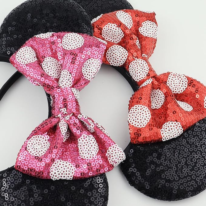 LIHELEI Minnie Ears Mouse Ears Headband with Sequin Bows, Headbands for Women Halloween Costume, Headwear Hair Accessories-2 pack Black and Red