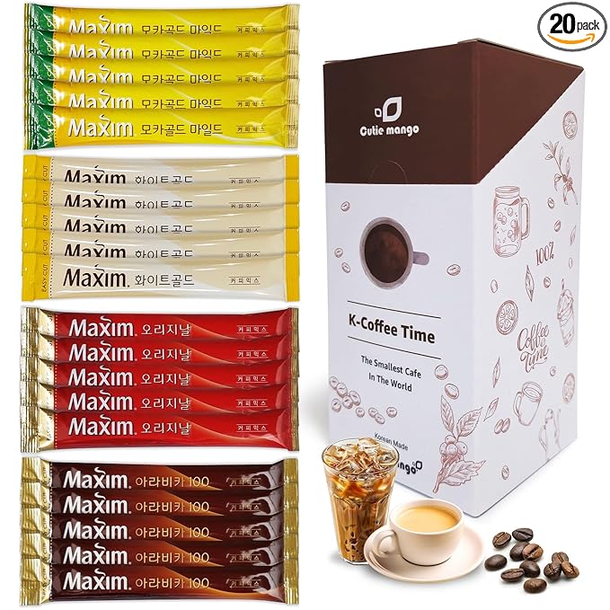 Korean Instant Coffee Mix Variety 20 Sticks (4 Types) Maxim Instant Single Serve Mocha White Arabica Original Flavors (5 Sticks Each)