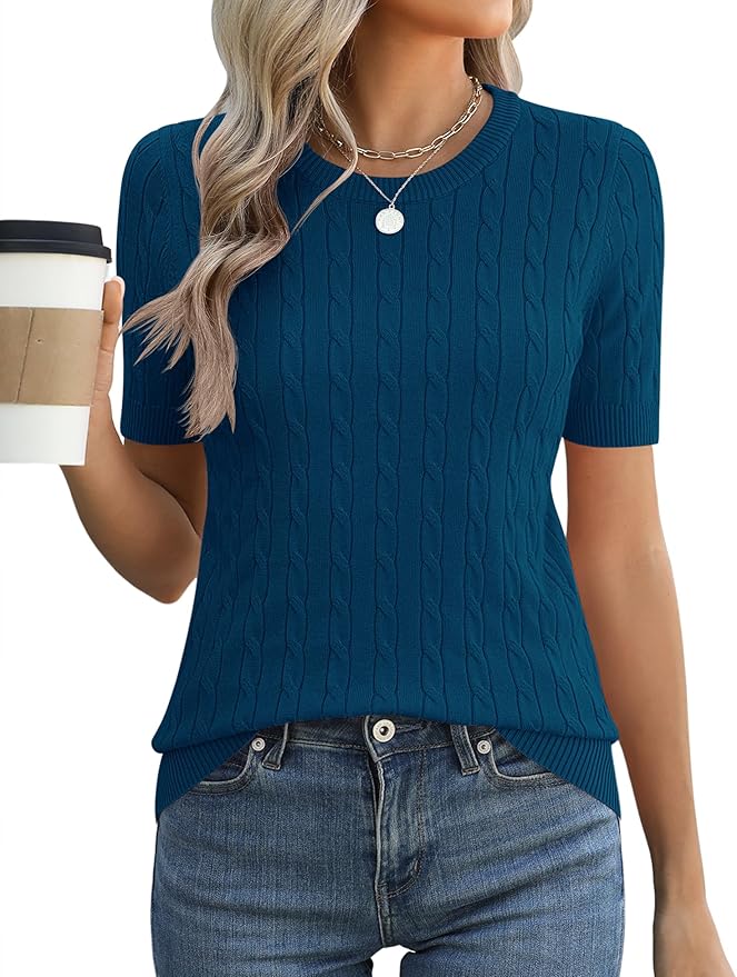 Micoson Womens Short Sleeve Cable Knit Sweater Tops Crewneck Lightweight Spring Summer Shirts Business Dressy Casual Outfits