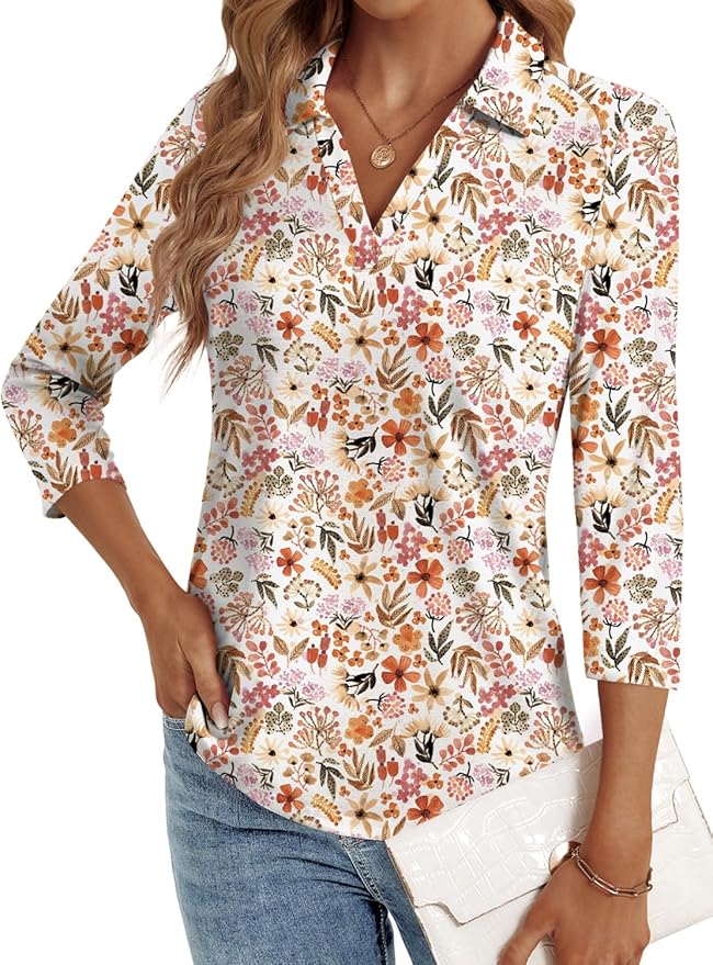 3/4 Length Sleeve Womens Tops Dressy Casual V Neck Polo Shirts Business Work Blouses 2025 Trendy Tunic Top