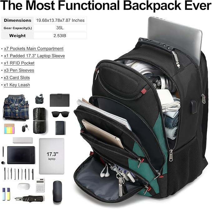 Boavan Laptop Backpack for men, 17.3 inch Laptop Bag with USB Port, Waterproof Travel Work Backpack Purse, Anti-Theft Teacher Nurse Doctor Casual Bookbags Office Business backpack，Black&Deep Juniper