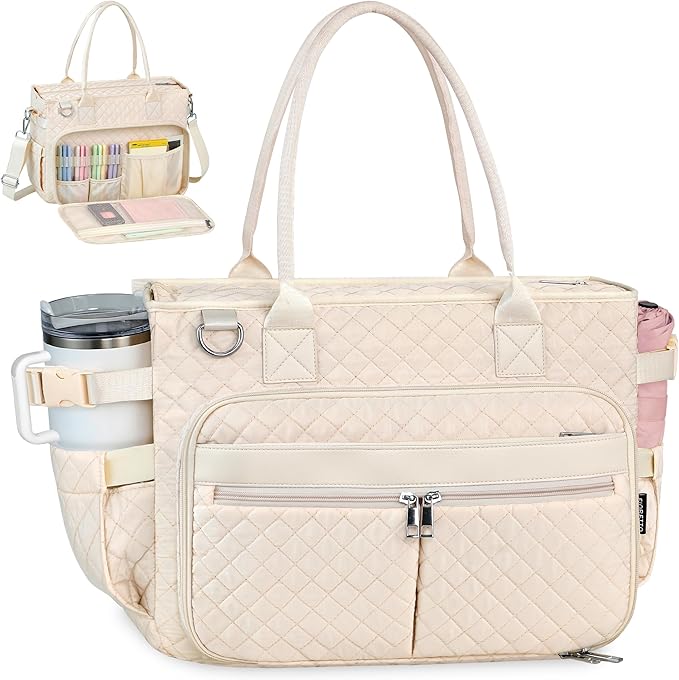 FIORETTO Teacher Tote Bag for Women with Laptop Compartment, Large Cup Holder, Zip Closure, Ideal for Work, Bible, Nurse