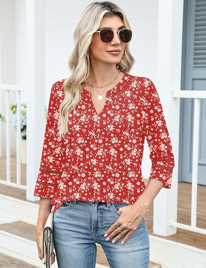 Ivicoer 3/4 Length Sleeve Womens Tops V Neck Lace Embroidered Summer Blouses Loose Fit Tunic Dressy Casual