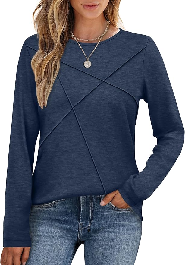 XIEERDUO Long Sleeve Shirts for Women Business Casual Tops Trendy Crewneck Fall T Shirts Pleated Loose Fit
