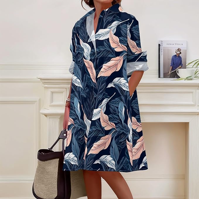 Shirt Dresses for Women 2025 Summer Long Sleeve Casual Plus Size Floral Printed Beach Vacation Dress with Pockets