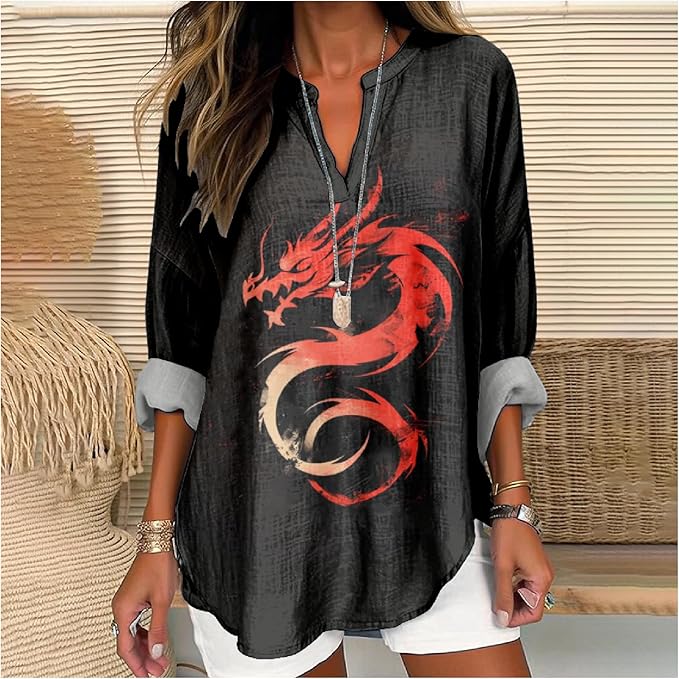 MARSVOVO V Neck Shirt For Women Boho Multi Style Blouse Long Sleeve Novelty Graphic Plus Size Pullover Tops For Women