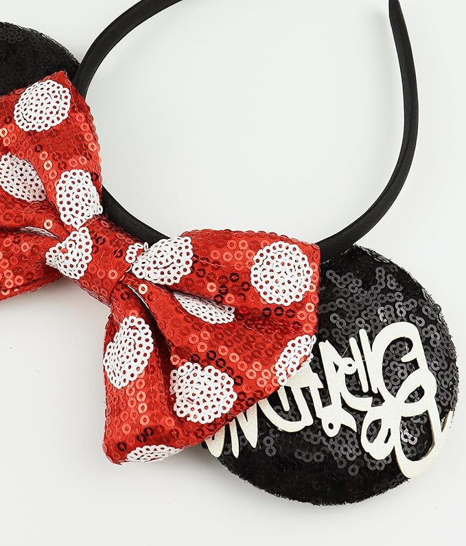 LIHELEI Mouse Ears Headband for Birthday Women, Sequin Mouse Ears for Women Princess Birthday Party Halloween Costume, Shiny Park Ears for Adult - Red and Black