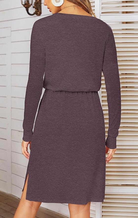 Simier Fariry Womens Spring Hide Belly Knee Length Travel Dress Pocket Summer Short Sleeve Midi Work Casual Outfits