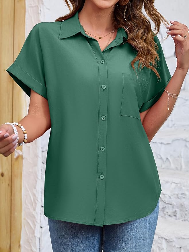 Womens Button Down Shirt Casual Short Sleeve Collared Work Blouse with Pocket