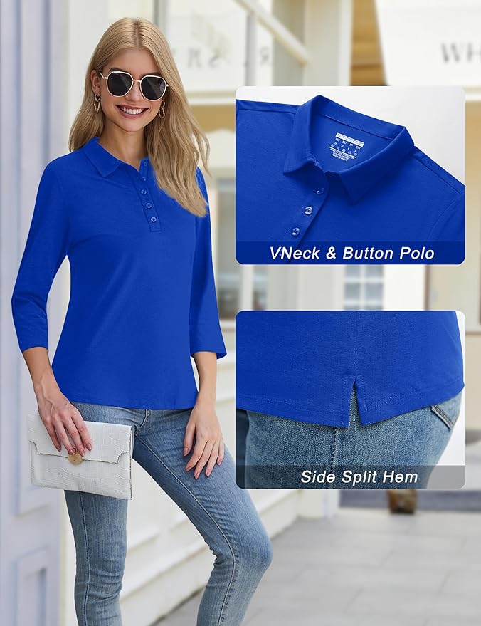 YUCOLEN Polo Shirts for Women 3/4 Sleeve Tops Golf Tees 5-Button Collared Cotton Shirt Business Casual