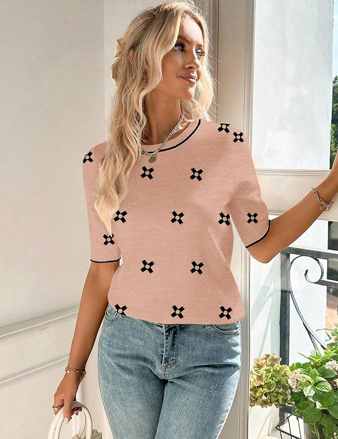 Zeagoo Women Short Sleeve Sweater Summer Crew Neck Dressy Casual Soft Knit Pullover Tops Trendy
