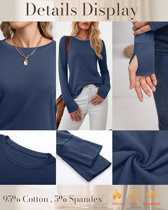 Huukeay 3 Pack Women's Long Sleeve Shirts with Thumb Holes, Cotton Casual Crew Neck Tunic Tops Fall Loose Y2k Trendy Outfits