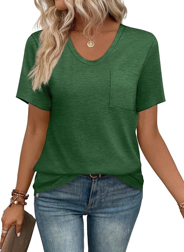 WIHOLL Women Summer T Shirts Short Sleeve Rounded V Neck Pocket Tee Tops