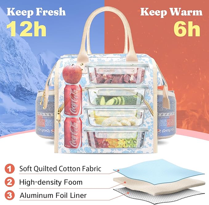 Lunch Bag Women Insulated Lunch Box Wide-Open Lunch Tote Bag Large Drinks Holder Durable Nylon Thermal Snacks Organizer for Men Adults Work Picnic Hiking Beach Fishing, Red Flower