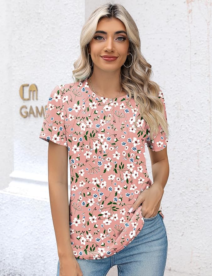 Kistore Womens Casual Crew Neck Short Sleeve Pleated Tops Blouses Fashion Clothes 2026