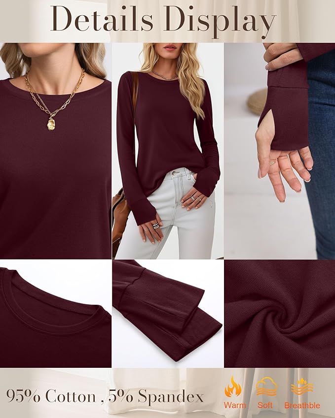 Huukeay 3 Pack Women's Long Sleeve Shirts with Thumb Holes, Cotton Casual Crew Neck Tunic Tops Fall Loose Y2k Trendy Outfits