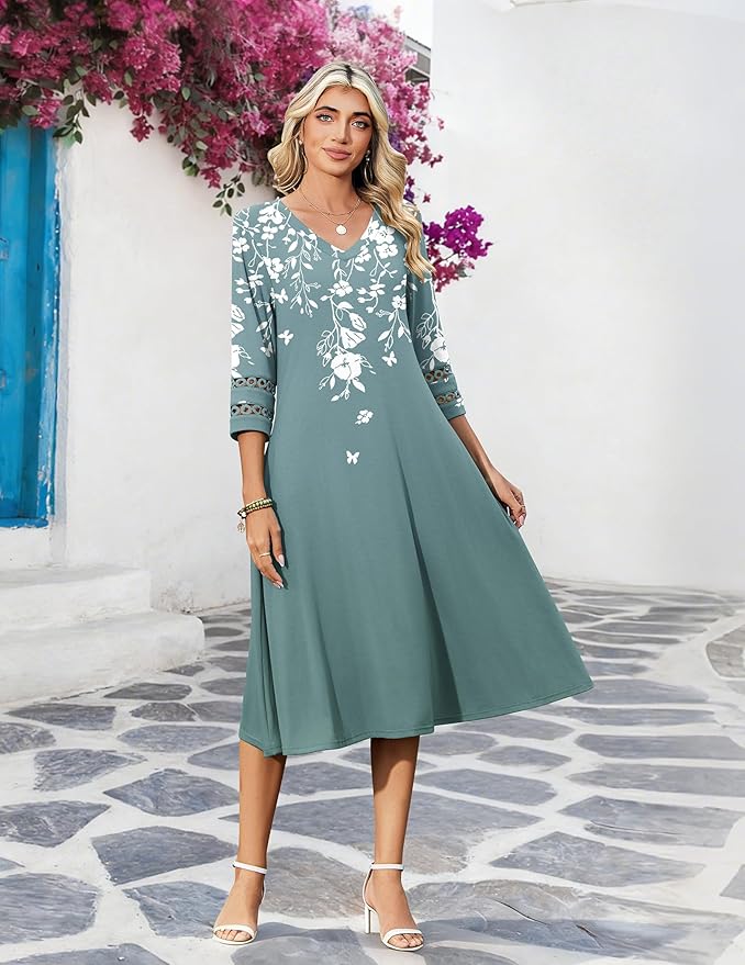 Zeagoo Women's Dresses 3/4 Sleeve Summer Casual V-Neck A Line Flowy Eyelet Midi Dress for Women Beach Vacation Sundress