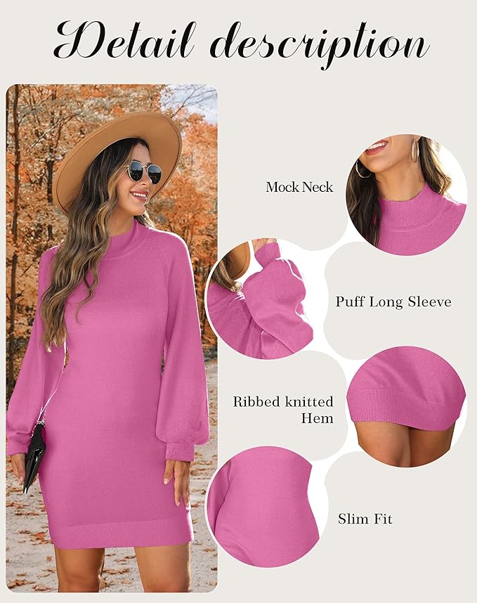 GRECERELLE 2026 Women's Mock Neck Ribbed Long Sleeve Bodycon Pullover Cute Mini Sweater Dress (XS-2XL)
