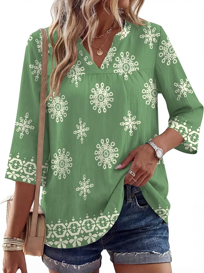 Rapbin Womens 3/4 Sleeve V Neck Floral Print Pleated Blouses for Women Dressy Casual Loose Fit Tops