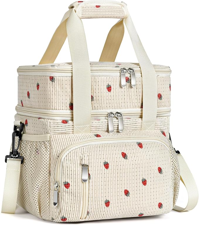 Insulated Lunch Bag for Men & Women, 9L Leakproof Lunch Box Soft Cooler Tote with 5 Pockets, 600D Oxford, EVA Lining, Adjustable Strap for Work, Picnic, Beach&Travel - Corduroy Cue Strawberry