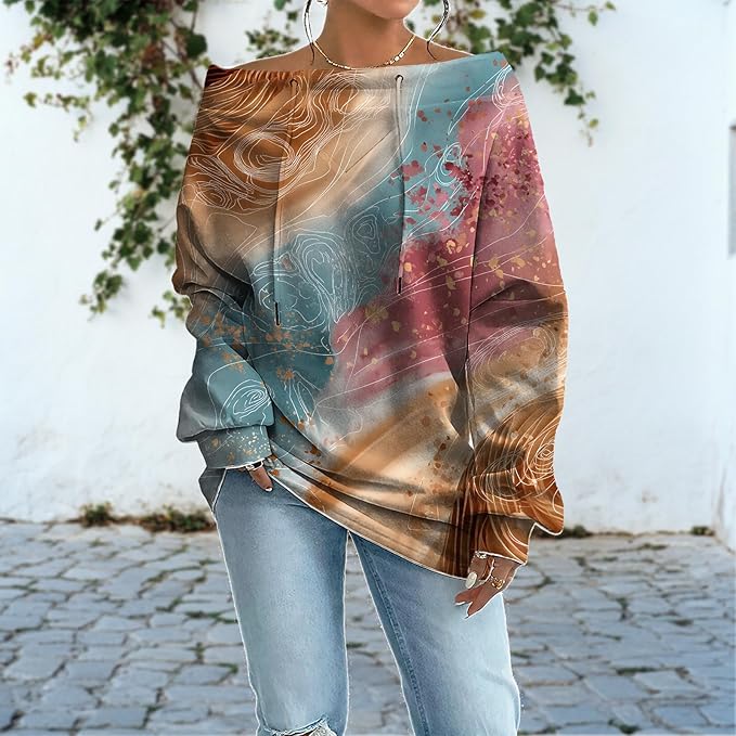 Womens Sweatshirts Floral Print Sexy Off The Shoulder T Shirts Oversized Long Sleeve Pullover Fall Tops