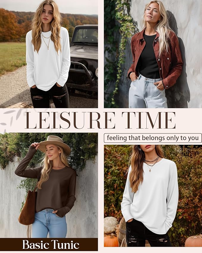 Huukeay 3 Pack Women's Long Sleeve Shirts with Thumb Holes, Cotton Casual Crew Neck Tunic Tops Fall Loose Y2k Trendy Outfits