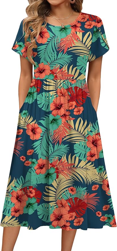HOTOUCH Women's Summer A-Line Midi Dresses 2026 Casual Floral Short Sleeve T-Shirt Dress Flowy Beach Sundress with Pockets