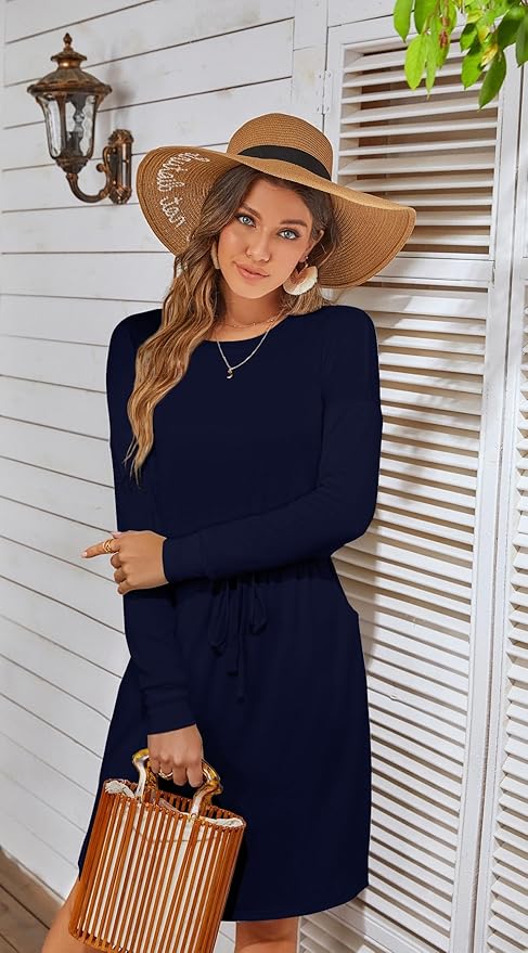 Simier Fariry Womens Spring Hide Belly Knee Length Travel Dress Pocket Summer Short Sleeve Midi Work Casual Outfits