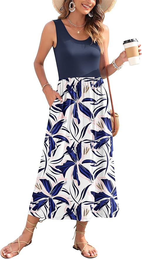 WNEEDU Women's Summer Maxi Dress 2026 Casual Sleeveless Hawaiian Sundress Tropical Long Dress Beach Vacation Outfit