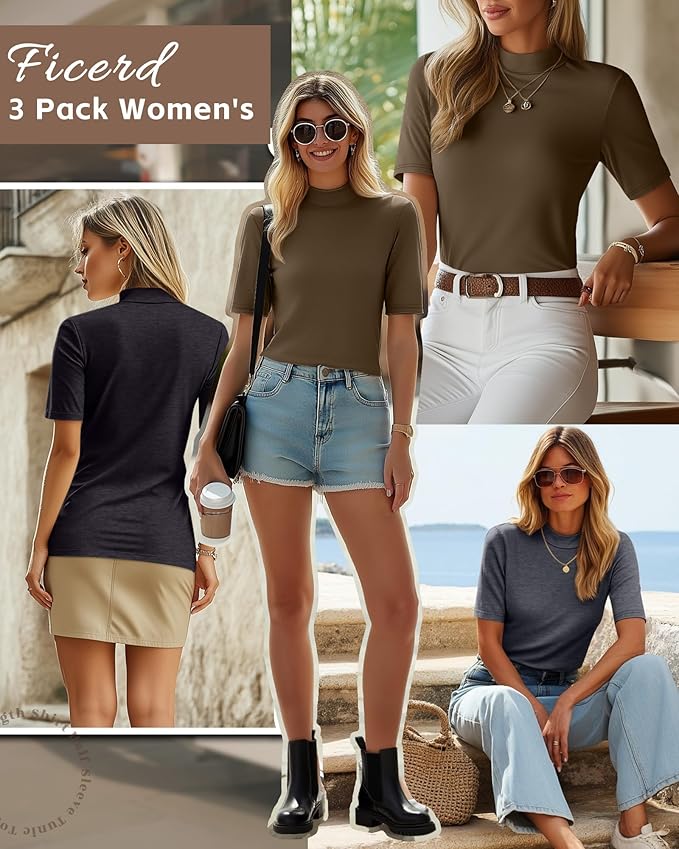 Ficerd 3 Pack Women's 1/2 Sleeve Mock Turtleneck Shirts, Elbow Length Shirt Half Sleeve Tunic Top Casual Summer Basic Tees