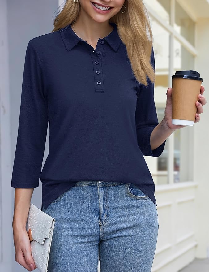 YUCOLEN Polo Shirts for Women 3/4 Sleeve Tops Golf Tees 5-Button Collared Cotton Shirt Business Casual