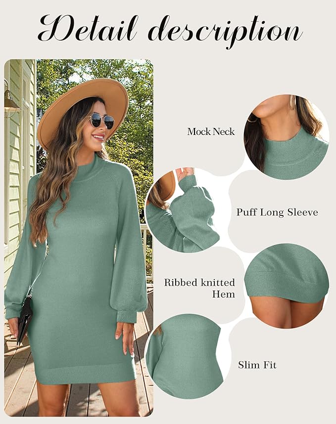 GRECERELLE 2026 Women's Mock Neck Ribbed Long Sleeve Bodycon Pullover Cute Mini Sweater Dress (XS-2XL)