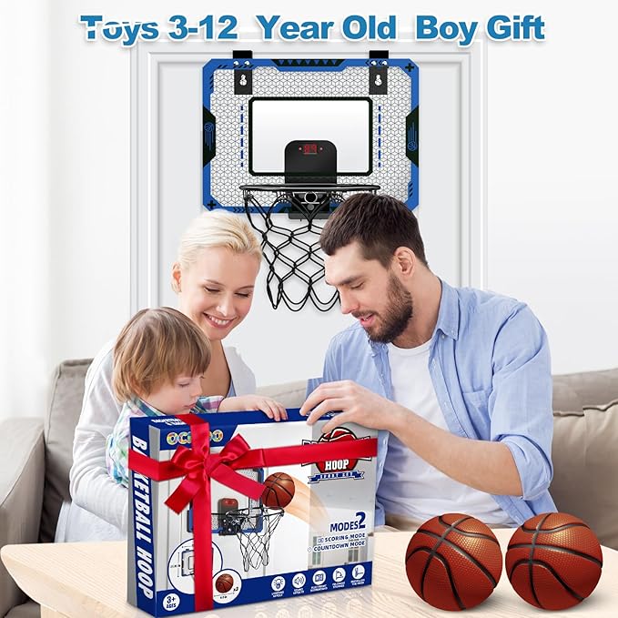 OCHIDO Indoor Basketball Hoop for Kids Age 5-10, with Electronic Scoreboard & 3 Balls - Over The Door Mini Hoop for Boys' Birthday