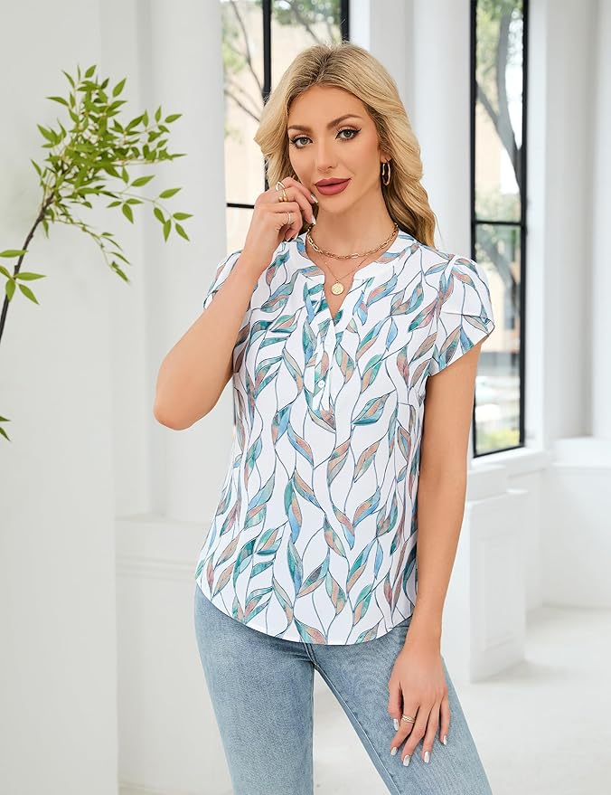 Blooming Jelly Women's Dressy Casual Tops Business Work Blouses White Button Down Shirts Cap Sleeve V Neck Tshirt