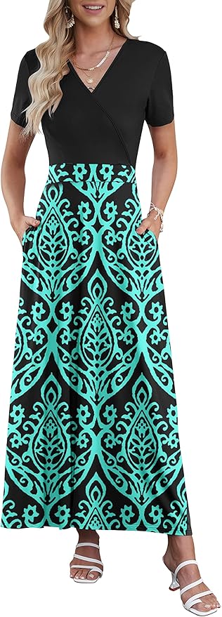 AUSELILY Maxi Dresses for Women Ankle Length Floral Print Beach Long Flowy Dress with Pockets