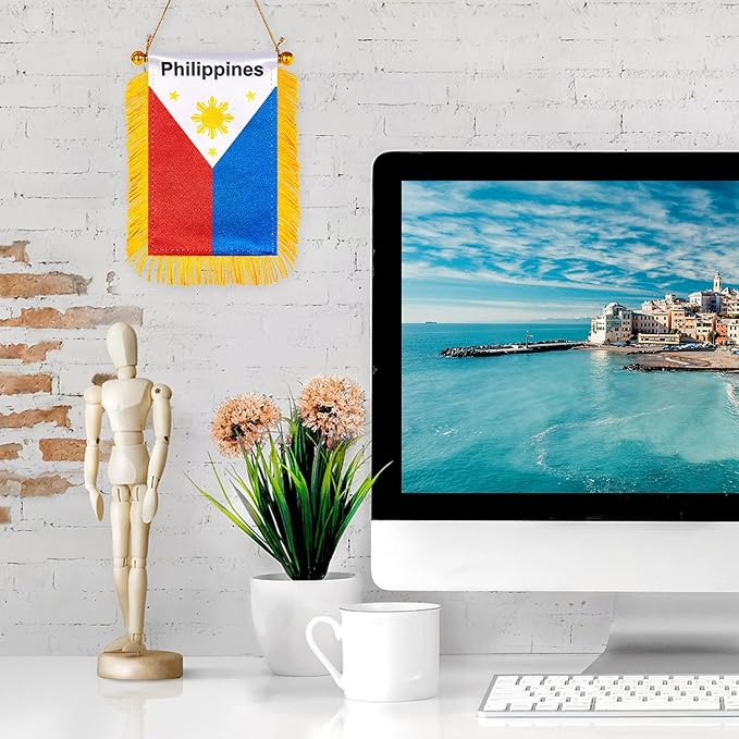 ZXvZYT 3 X 5 Inch Philippines Philippine Window Hanging Flag Filipino Small Mini Car Flags Banners Rearview Mirror Decoration - with Suction Cup & Golden Fringy Banner(2 Pack)