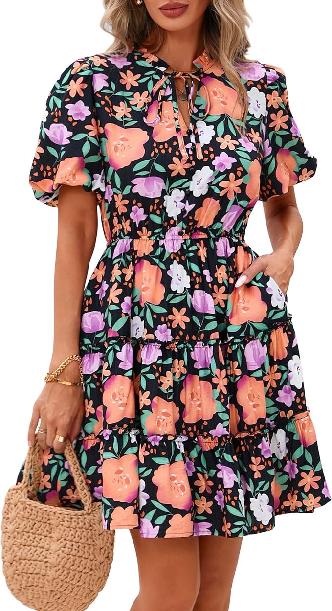 BTFBM Women Summer Floral Short Dresses V Neck Short Sleeve Tiered Ruffle Boho Swing Dress A-Line Mini Dresses
