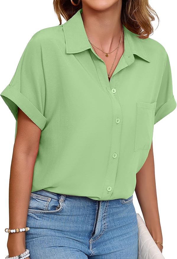 Womens Button Down Shirt Casual Short Sleeve Collared Work Blouse with Pocket