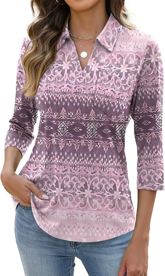 AKEWEI Womens 3/4 Length Sleeve Tops V Neck Casual Basic Tees Work Polo Shirts Collared Summer Top with Front Pocket